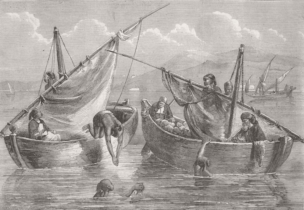 SYRIA. Diving for sponges, coast of Syria 1862 old antique print picture